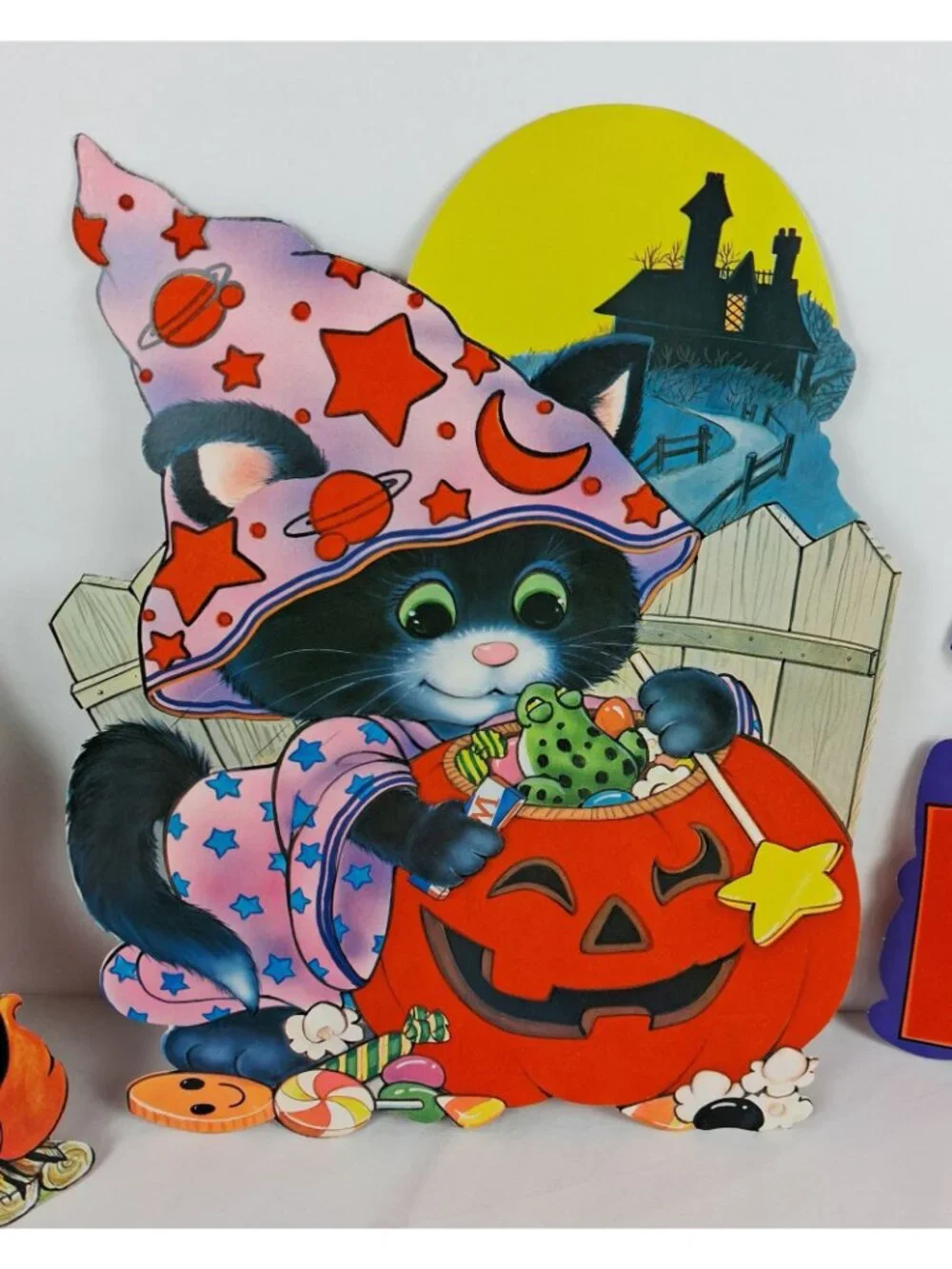VTG Peck Halloween Flocked Double Sided Die-Cut 5 pcs Ghosts Cats Pumpkin Skull